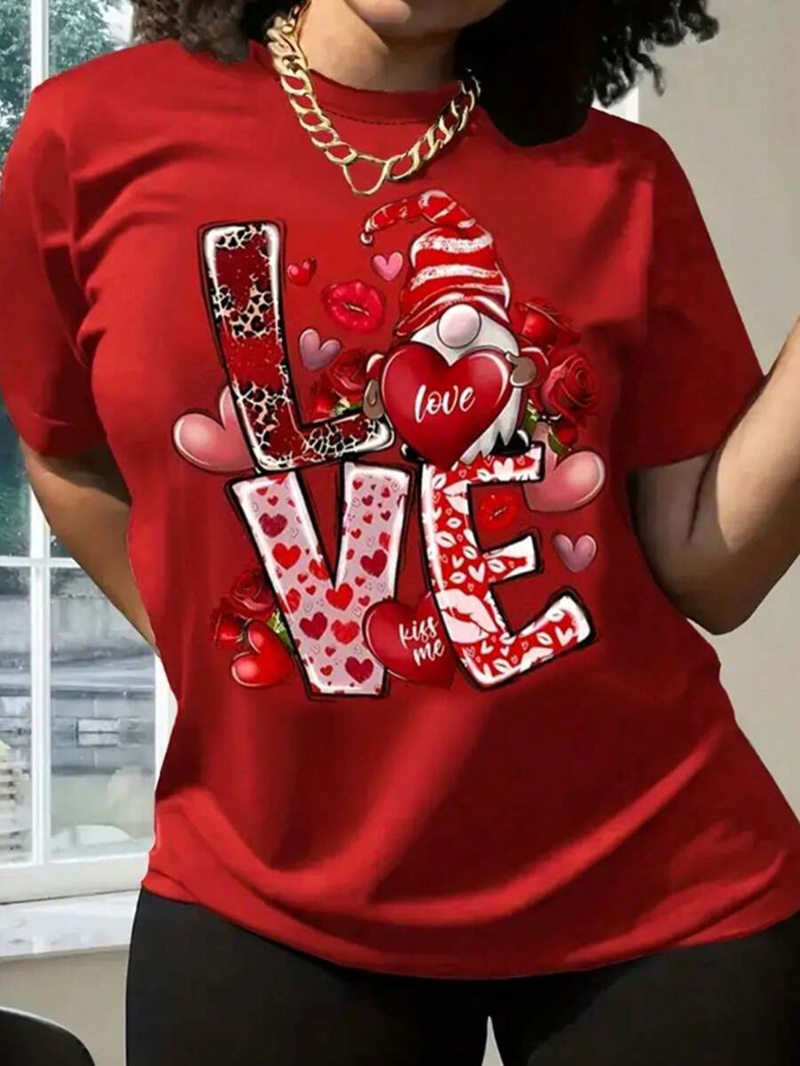Valentine's Day T-Shirt, Happy Valentine's Day Top, Base Layer, Heart Pattern Top, Festive Casual Women's Printed Round Neck Plus Size T-Shirt, Suitable For Home Leisure, Sports And Shopping, Suitable For Couples, Gift, Soft And Comfortable, Very Suitable For Spring And Summer Wear, Men's Top, Women's Top, Women's Gift, Carnival Gift. - 紅色 - 查看 1