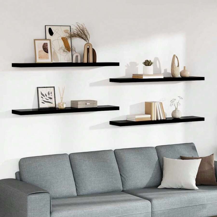 Larryhot Scaffali a Parete 4 pz Nero Lucido 120x23,5x3,8 cm in MDF, Facile da assemblare, dall'estetica elegante e raffinata, pratica per riporre gli oggetti, la scelta ideale per l'organizzazione e la decorazione domestica - Schwarz - Übersicht 1