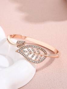 Brazalete de lujo con hoja y cristales, brazalete personalizado con diseño de hojas cruzadas - Dorado - Ver 2