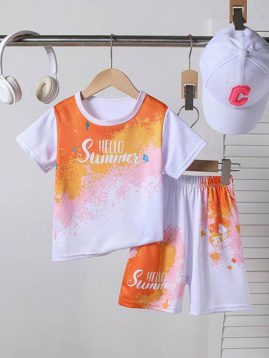 2pcs/Set Kids Short Sleeve T-Shirt Top And Shorts Bottom, Lightweight Summer Casual Everyday Outfit, Suitable For Boys And Girls Aged 4-12, Outdoor, Running, Sports - Multicolor - View 1