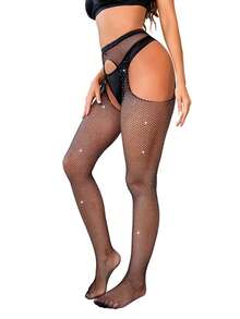 1pair Women's Sexy Black Rhinestone-Studded Fishnet Stockings With Open Crotch (Not Including Underwear And Bra), E-Girl - Black - View 5