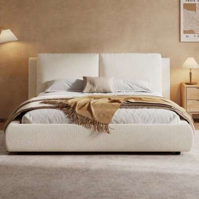 Upholstered Bed, Double Bed, 180*200cm, Hydraulic Adjustable Bed, Bed With Slatted Base, Headboard And Large Storage Space, Padded Headboard, Bouclé Beige