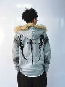 Mens 3D Graphic Zip Hoodie With Faux Fur Trim Oversized Gothic Streetwear Jacket Vintage Print Pullover For Casual - 灰色 - 查看 5