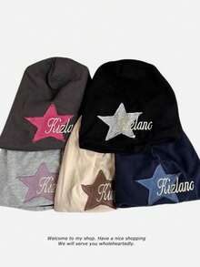 1顶Y2K复古风针织帽，适合女性和青少年女孩，复古街头风，饰有3D星星贴片和刺绣字母，宽松弹力均码，适合秋冬季休闲、户外和街头穿搭。 - A - 查看 6