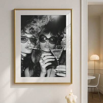 1 st inramad/oramad lyxig modeflickor svartvit canvasposter Y2K cocktail cheers barvagn väggkonsttryck retro funky målning för lägenhet, vardagsrum, sovrum, modern heminredning