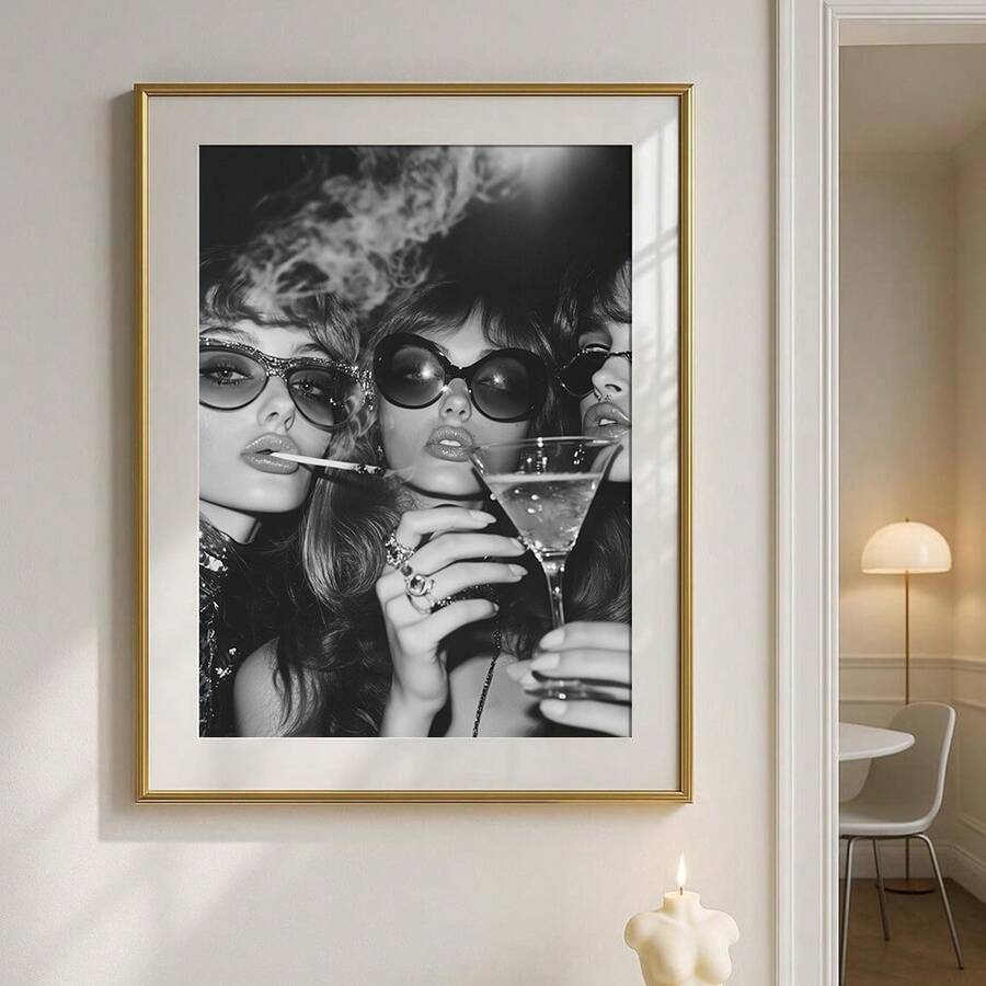 1幅装裱/未装裱奢华时尚女孩黑白帆布海报 Y2K鸡尾酒干杯吧台车墙面艺术印刷品复古时髦画作，适用于公寓、客厅、卧室、现代家居装饰