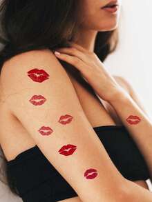 1pc Waterproof Lip Shaped Tattoo Sticker, Unisex, Disposable Red Lips Temporary Tattoo, Suitable For Valentine's Day, Anniversary, Date, Can Be Used For Face, Hand, Neck And Body Decoration, Realistic Tattoo - Red - View 2