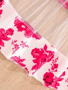 女童玫瑰印花露肩连衣裙，荷叶边下摆，休闲时尚网纱裙，夏季 - 玫紅色 - 查看 6