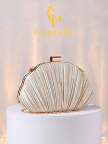Glintelle 褶皱缎面盒形手拿包，正式晚宴包，配有金属链条肩带，适合派对、浪漫婚礼、盛大晚宴、夜总会、盛装打扮、女士礼物，可装手机、化妆品、口红、硬币等。 - 杏色 - 查看 3