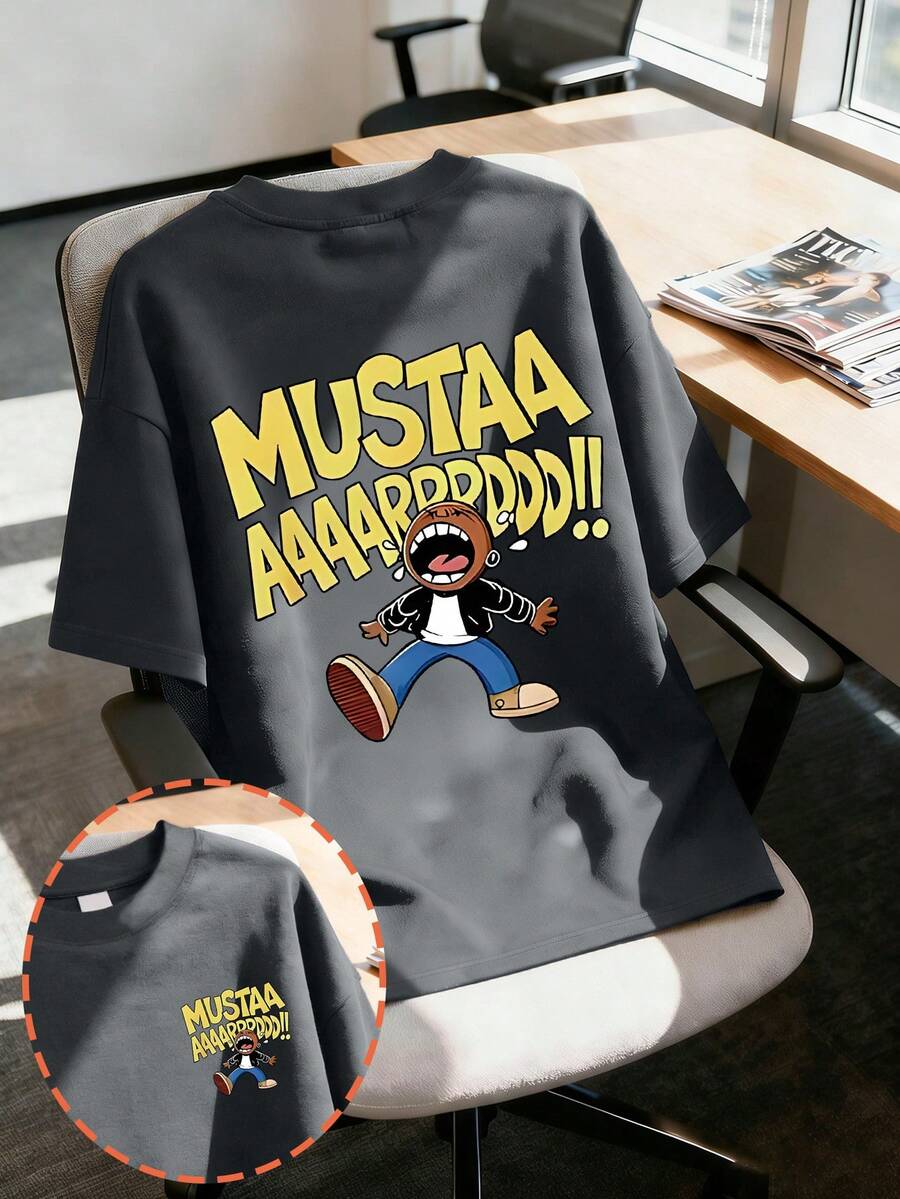 1 pieza Camiseta de manga corta con texto y gráfico de dibujos animados para niño preadolescente, estilo escolar - Gris Oscuro - Ver 1