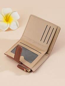 1pc Litchi Pattern Simple Women's Wallet High-End Temperament Two-Fold Multi-Card Slot Zipper Short Coin Purse Fashion Card Holder Portable Wallet Travel Coin Card Storage Bag - Beige - View 4