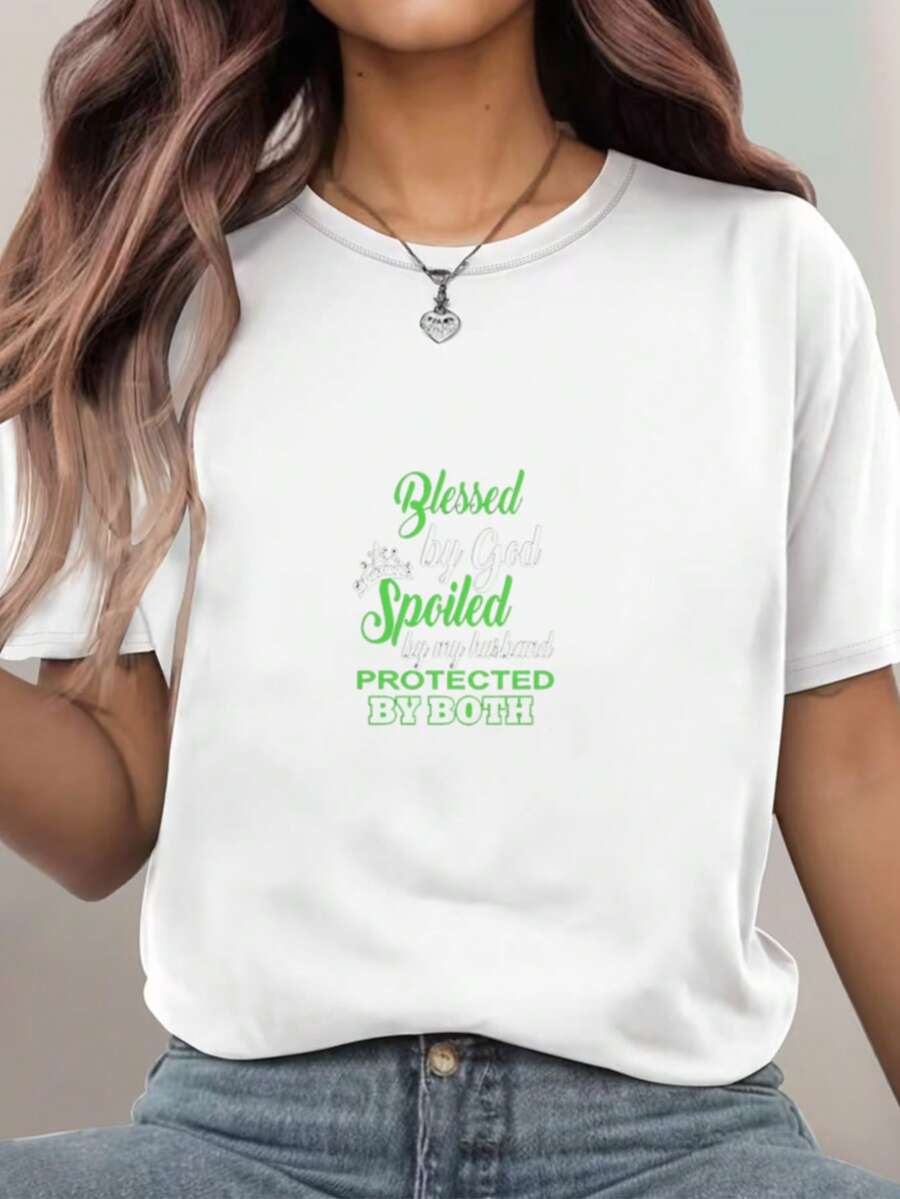 New Spring Arrival: White Short Sleeve T-Shirt With Green Text Pattern - White - View 1
