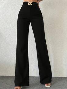 Women's Solid Black Casual Elegant Straight Leg Pants, Featuring Metal Decor At Waist, Black Trousers, Women's Casual Pants, Elegant Ladies' Long Pants, Suitable For Outings, Spring Vacation Outfits, Spring Clothing, Suitable For Daily Wear, Office Commute, Dates, Vacations, All Seasons (Spring/Summer/Autumn/Winter) - Black - View 5