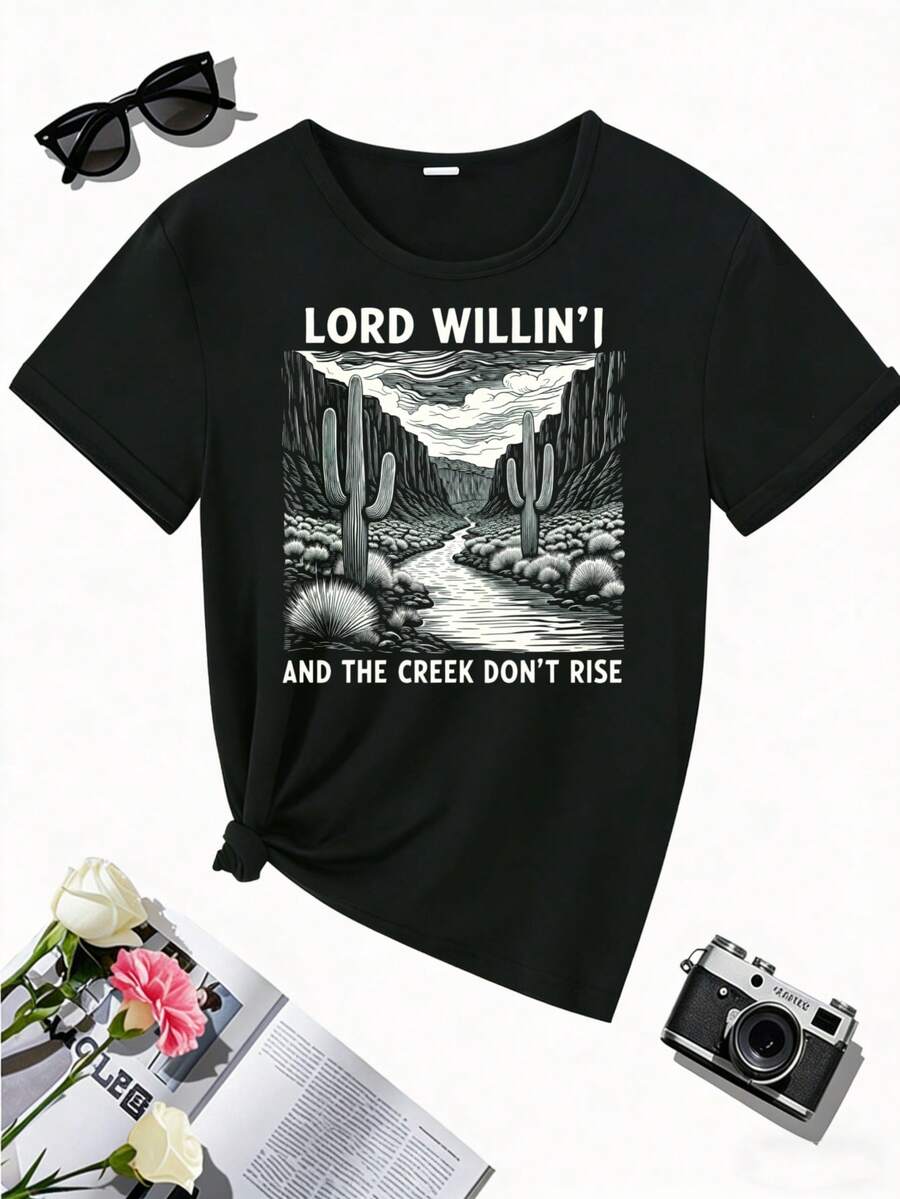 Popular T-Shirts Lord Willin And The Creek Don't Rise Desert Landscape Graphic T Shirt Black Unisex Casual Top With Cactus River Design For Men Women Suitable For Holiday Partiesoutingssports And Other Holiday Gifts - 黑色 - 查看 1