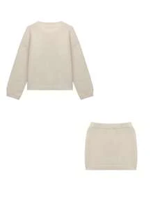 Women's Elegant Knitted Sweater Set For Autumn/Winter, Casual Crew Neck Long Sleeve Pullover, Fashionable Solid Color 2-Piece Set For Christmas, New Year, Thanksgiving - Apricot - View 6