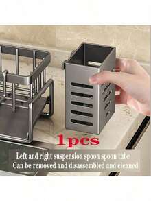 1 pieza Soporte para esponja de fregadero de cocina gris, 1 pieza Estante desmontable para utensilios de cocina con soporte para cepillo alto, Organizador de fregadero de cocina con divisor, Cesta de fregadero de acero inoxidable con estante para paños - Soporte para esponja de cocina a prueba de óxido - Gris Oscuro - Ver 2