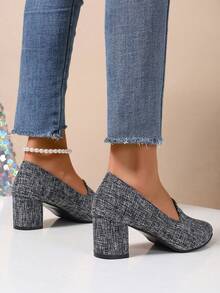 女士纯色高跟鞋，羊毛材质，优雅舒适，尖头套脚式时尚正式高跟鞋，中粗跟，适合所有季节，派对、婚礼等场合。 - 灰色 - 查看 5