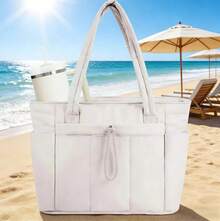 Puffer Tote Bag With Cup Holder & Laptop Compartment & Trolley Sleeve For Travel, Work, Nurse, Women - Beige - View 1
