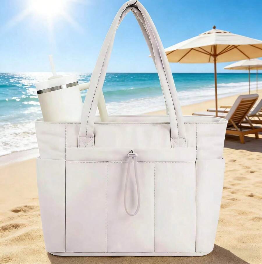 Puffer Tote Bag With Cup Holder & Laptop Compartment & Trolley Sleeve For Travel, Work, Nurse, Women - Beige - View 1