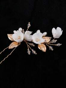 2 chiếc kẹp tóc cô dâu bằng gốm hình hoa và lá kim loại đính ngọc trai giả, pha lê, thích hợp cho đám cưới, sử dụng hàng ngày, tiệc tùng, sinh nhật và các dịp khác, phụ kiện ngày Valentine. - Vàng - Xem 5