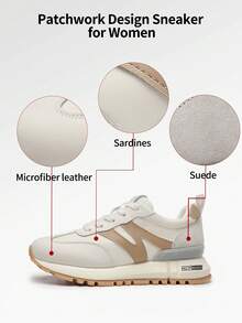 somiliss 1 Paar Damen Lässig Sportschuhe, Schnürung vorne, Leder & Stoff Patchwork, leicht & bequem flache Outdoor Walkingschuhe, geeignet für Pendeln, Yoga, Fitness, Joggen, apricotfarbene Sneaker