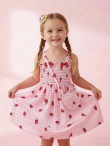 Young Girls' Spring/Summer Love Plaid Strawberry Print Ruffle Hem Bow Decor Cute Vacation Style Strap Dress With Matching Sling Bag - Pink - View 7