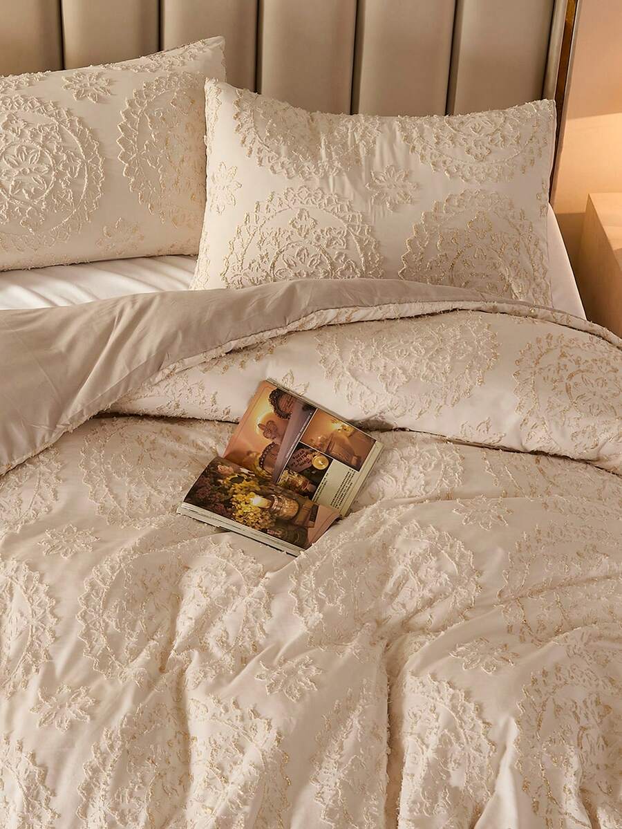 Bộ ga trải giường 3 món màu be họa tiết hình học (1 ga trải giường + 2 vỏ gối, không kèm ruột chăn), phong cách hiện đại lãng mạn thanh lịch cổ điển, chất liệu sợi polyester thoáng khí thoải mái, phù hợp mọi mùa, trang trí phòng ngủ. - Màu be - Xem 1