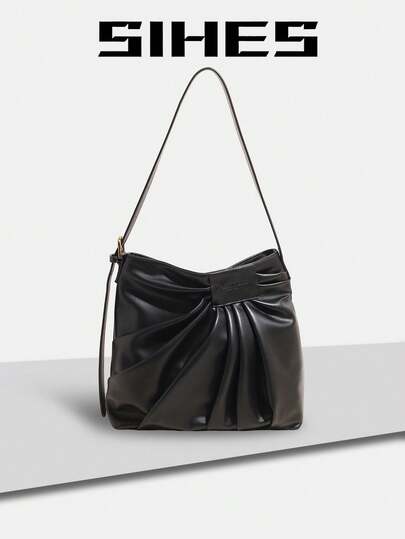 1个纯色PU皮革女士单肩包，时尚方形大容量褶皱包，拉链封口，褶皱设计，可调节肩带，适合女孩、女士、大学生、年轻职业人士、办公室、学校、工作、商务、通勤、户外、旅行、购物等场合。