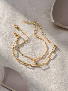 Nooxian 2pcs/Set Elegant Casual Paperclip Chain & Heart Pendant Bracelet Set For Women (Quantity Of Chain & Clasp Varies) - Yellow Gold - View 3