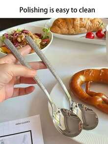 5pcs/Set Stainless Steel Round Soup Spoons/Tea Spoons, Hammered Long Handle, Suitable For Household Use - Silver - View 3