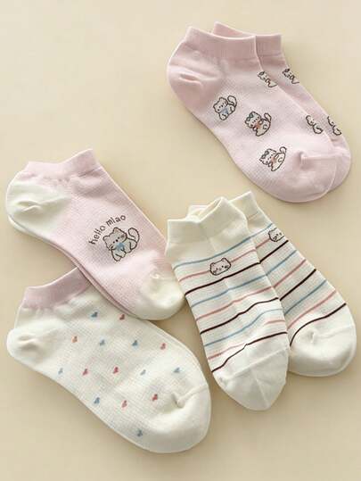 3 Pairs Women's Ankle Socks, White & Pink Striped, Cute Polka Dot Cat Design, Fashion Casual Versatile, Soft & Comfortable, Moisture-Wicking, Suitable For Parties And Gatherings