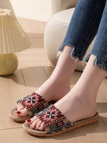 露趾拖鞋，平底，轻便，随机图案，波西米亚风格，男女通用，适合居家穿着 - 彩色 - 查看 4