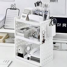 1pc Ins Style Hollow Double-Layer Desktop Storage Rack, Pegboard Hooks Pen Holder Organizer - White - View 6