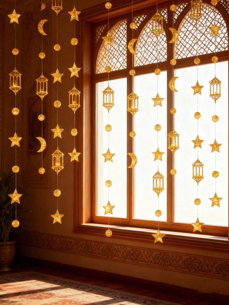 1set Star And Moon Wreath Banner Decor, Ramadan Decoration Set, Eid And Ramadan Decor, Party Decoration, Islamic Crescent Moon Ribbon, Ramadan Decorations, Glittery Gold Star And Moon Paper Wreath Hanging Ribbon Banner Background, Holiday Party Decor, Bedroom Wall Sticker And Living Room Beautification - Gold - View 1