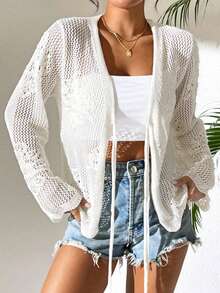 Women's V-Neck Long Sleeve Hollow Tie Ruffle Trim Casual Elegant Cover Up, Suitable For Daily Wear And Vacation, Spring/Summer - White - View 7