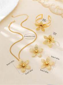 3pcs/5pcs Flower & Butterfly Jewelry Set, Necklace, Earrings, Bracelet, Ring, Metal 5-Petal Flower & Butterfly, Elegant & Sweet Women Accessories - Yellow Gold - View 8