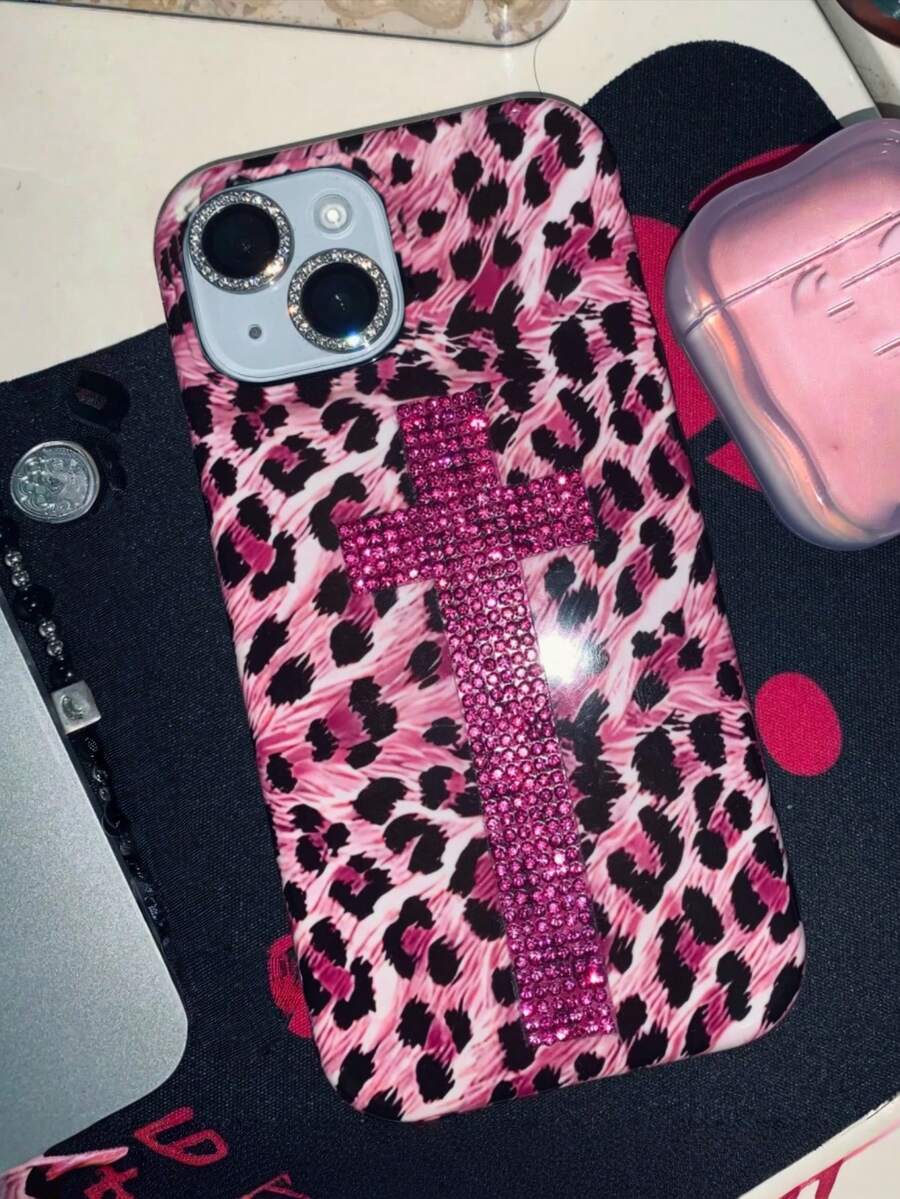 1pc Bling Original Design Leopard Print Full Rhinestone Cross Phone Case Compatible With IPhone 17 Pro Max 17 Pro Air 16 15 14 13 12 11 Pro Max Plus Handmade