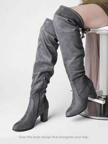 Grey Fashionable Autumn/Winter Over-The-Knee Suede Boots For Women, Elegant  Pointed Toe Block Heel Tall Boots With Back Tie Slim Fit Sock Boots, European And American Style - 灰色 - 查看 4