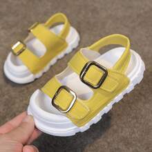 1双幼儿女童简约休闲魔术贴凉鞋，露趾平底凉鞋 - 黃色 - 查看 12