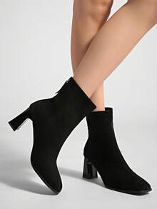 Giày bốt nữ mũi vuông gót dày, kiểu dáng Pháp mới thu đông phối nhung, bốt cao cấp dáng ôm. - màu đen - Xem 6