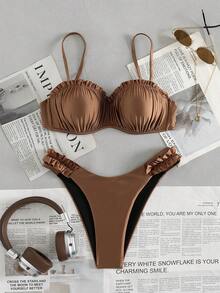 Women's Flat Chest Solid Color Steel Support Bikini Two Pieces Set With Small Lace On The Chest And Pants Sides For Vacation Swimming - Coffee Brown - View 2