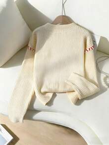 Women's New Apricot Crew Neck Drop Shoulder Long Sleeve Jacquard Splice Chili Graphic Knit Pullover Sweater, Fashionable Casual Minimalist Y2K Streetwear Christmas New Year Sweater, Autumn/Winter - Apricot - View 5