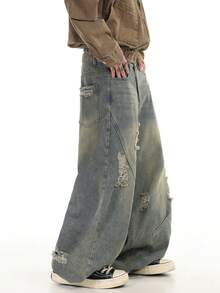 1 pieza Pantalones vaqueros con pernera de barril con efecto desgastado y patchwork vintage, pantalones vaqueros de estilo holgado y casual de estilo hip hop para hombres - Azul - Ver 7