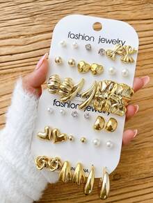 Bộ 18/36 bông tai nữ, kiểu dáng thời trang cổ điển, thanh lịch, tinh tế, ngọt ngào, đơn giản, dễ thương, phong cách Hàn Quốc Y2K, đính pha lê hình nơ, ngọc trai giả, hình trái tim xoắn, vòng tròn, giọt nước, chất liệu CCB nhẹ, giá trị cao. - Vàng - Xem 6