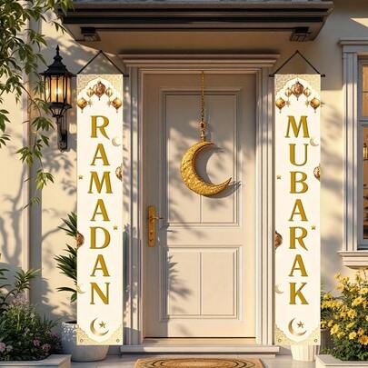 1 par, 28,5*183 cm, polyester, Ramadan Mubarak dörrgardin/hängande flagga/banderoll, gyllene halvmåne och lyktamönster, Eid-festbakgrundsbanderoll, Ramadanbön, Ramadantillbehör, islamisk Ramadan-festdekor