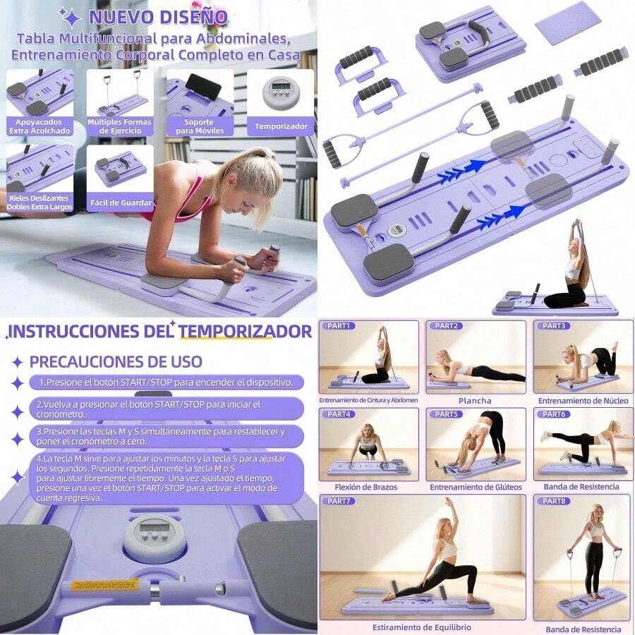 Tabla Multifuncional para Abdominales Tabla Deslizante de Pilates 7 en 1 Gimnasio Multifuncional Plegable Rodillo Abdominales Rebote Automático Ejercicio de Tabla Abdominal - Prpura - Ver 1