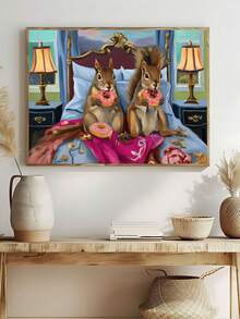 1幅披萨之夜艺术版画，超现实负鼠在床上吃披萨，松鼠在床上吃甜甜圈艺术版画，复古古怪动物墙饰，节日礼物，卧室装饰，客厅装饰，办公室装饰，厨房装饰，墙面艺术，墙面装饰，家居装饰，房间装饰，帆布墙画，海报，带框墙画，可选画框 - 彩色 - 查看 5