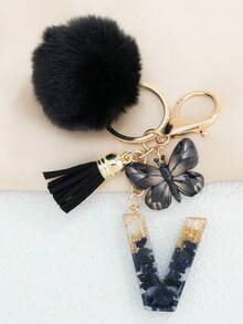 2026 New Style Black Pom Pom Keychain Ornament Perfect Gift For Women & Girls - A-Z Letter Resin Pendant Fashion Bag Car Key Ring Hange Bag Charm Purse Charm Keyring Y2K - Black - View 18