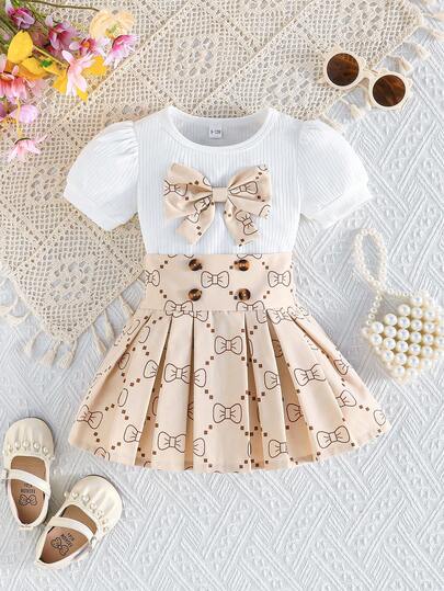 2pcs Baby Girl Casual Cute Knitted Bow Decor Short Sleeve T-Shirt And Butterfly Print Skirt Set