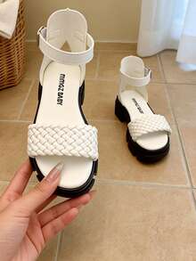 1 Pair White Woven Soft Leather Girls' Sandals, Non-Slip Thick Sole Platform, Strap + Ankle Strap Design, Fashionable Soft Bottom Comfortable Wear, Ideal Summer Outing & Holiday Gift, Children Sandals - 白色 - 查看 18